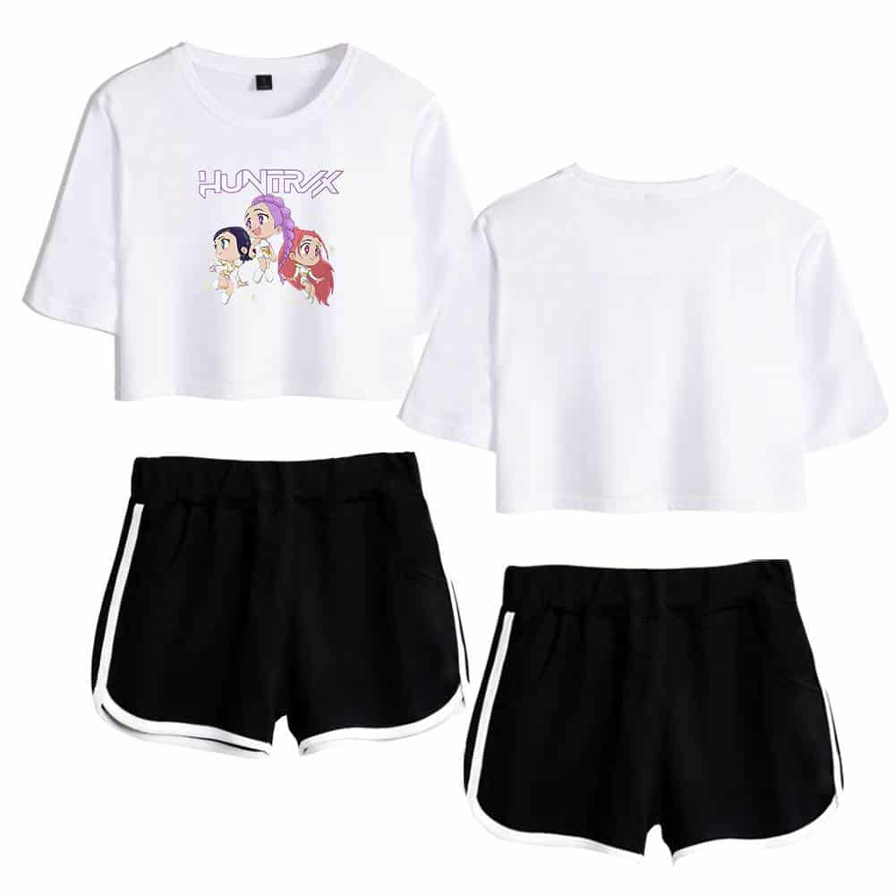 HUNTRX anime graphic cropped t-shirts with sporty black shorts, trendy and affordable casual outfits. Perfect for a cool, youthful, and relaxed style at an unbeatable price.