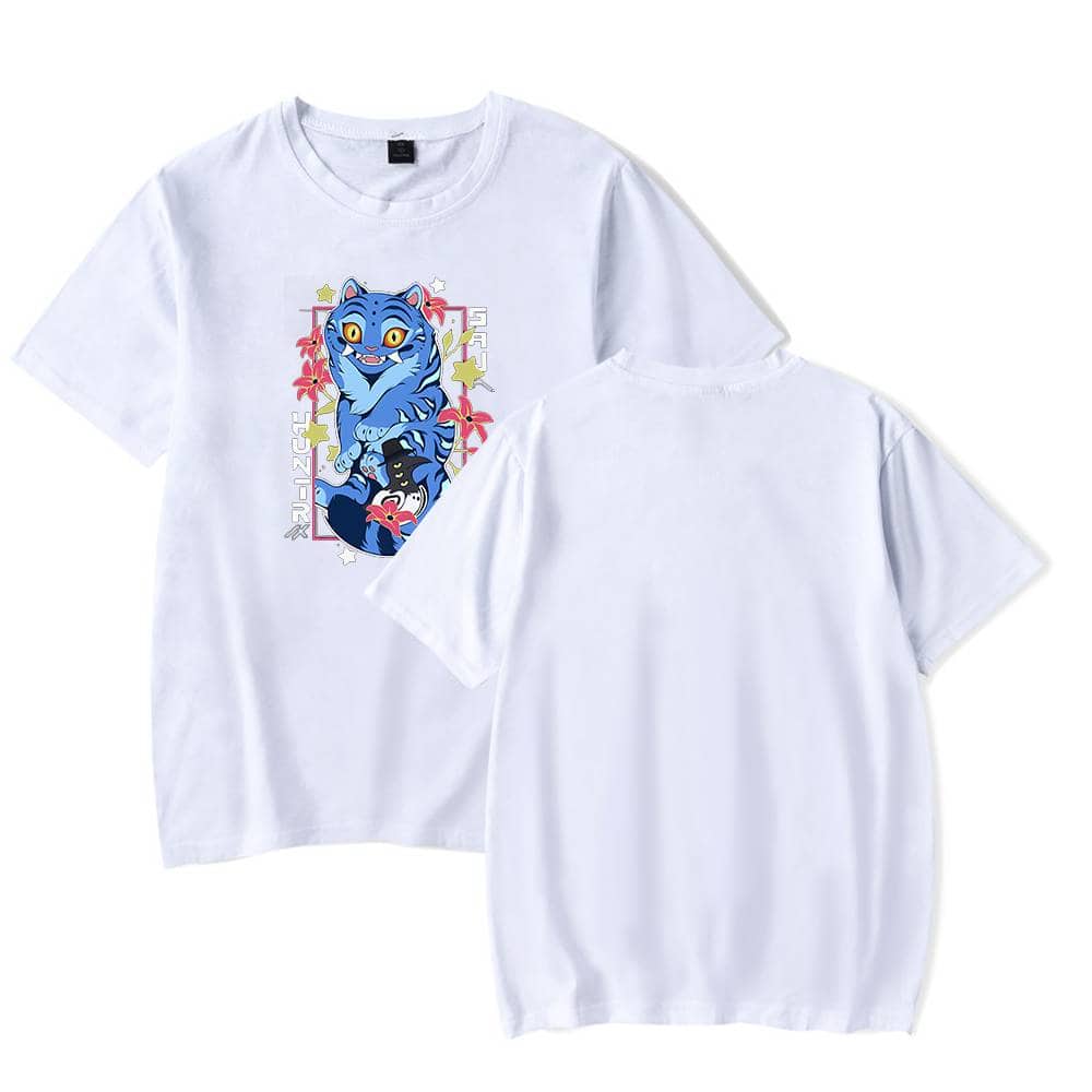 White graphic T-shirt with colorful cartoon cat design, casual and trendy style, affordable and cool statement clothing for everyday wear.