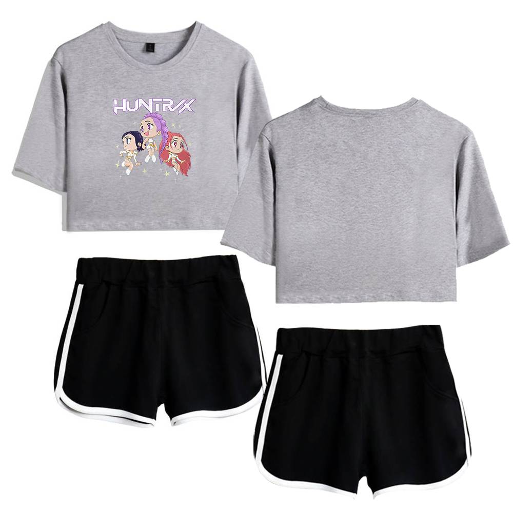 HUNTRX cartoon character graphic crop top, and stylish athletic black shorts with white trim, perfect for comfortable, trendy casual wear and fun statement outfits.